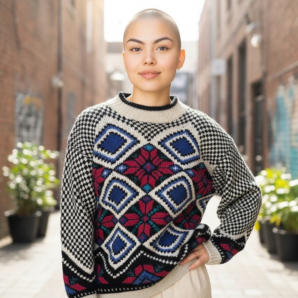 Vintage HKA Design Knitted by Hand Crew Neck Graphic Sweater Tunic Size Small